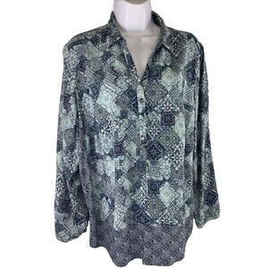 J. Jill Blue Floral Paisley Long Sleeves 1/4 Button Blouse Women's Size L